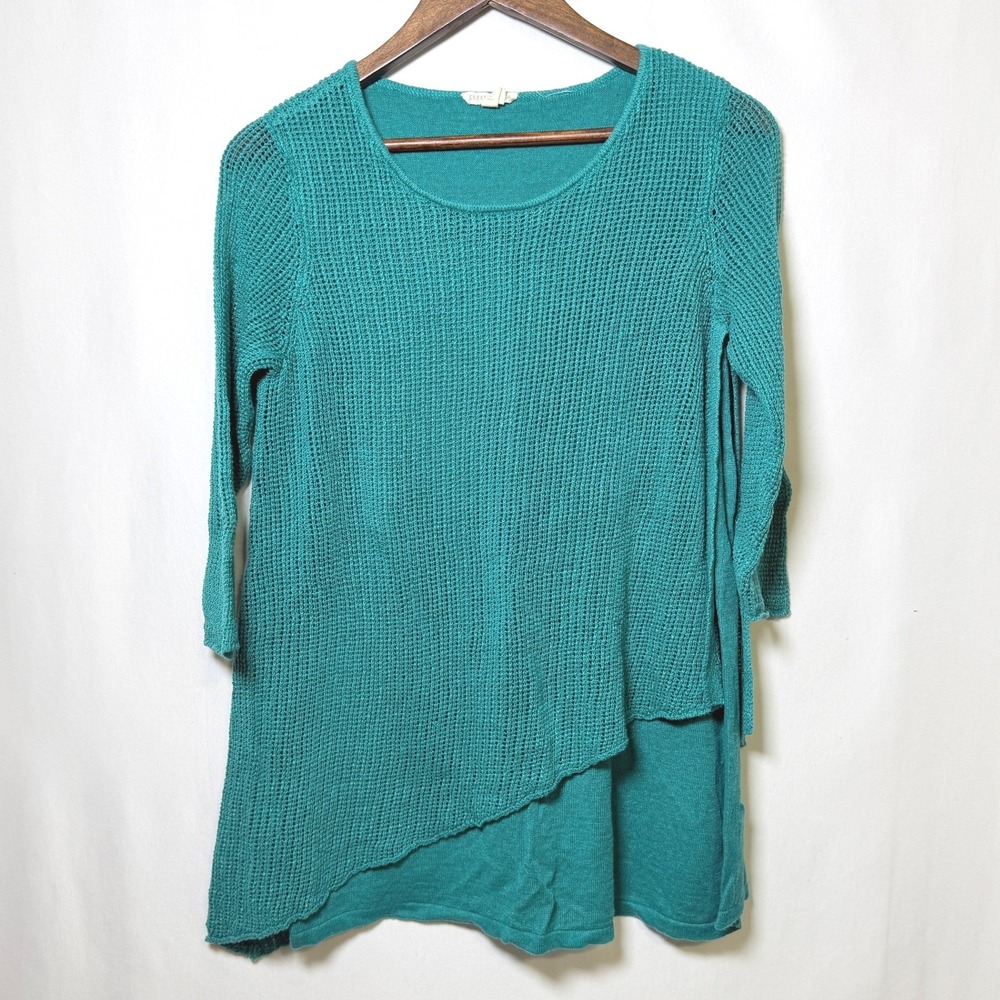 Eileen Fisher Teal Organic Linen Mesh Layered Tunic Sweater Medium S18OKZ - Picture 2 of 7